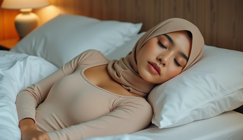 Mature Malay woman in hijab, sleeping in bed portrait photography, Lying naked in bed, Photo prise de vue moyenne, Ultra Detail, Professional Photography with Professional Lighting, sourire, Lit bleu clair, chambre, Sexy Seductive Sleep Pose, mince, voluptuous and saggy breasts, soft chubby women, spreading legs