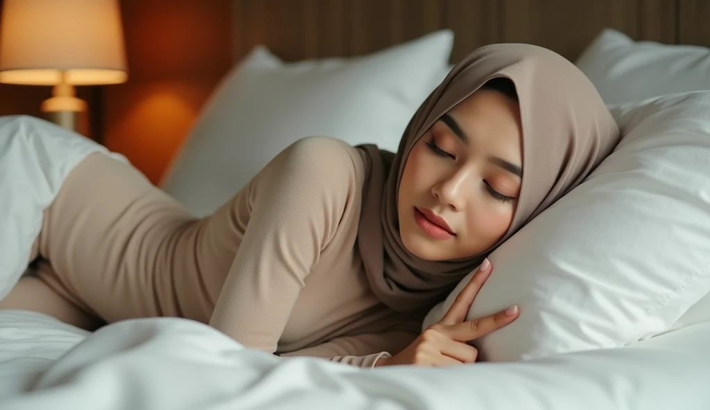 Mature Malay woman in hijab, sleeping in bed portrait photography, Lying naked in bed, Photo prise de vue moyenne, Ultra Detail, Professional Photography with Professional Lighting, sourire, Lit bleu clair, chambre, Sexy Seductive Sleep Pose, mince,