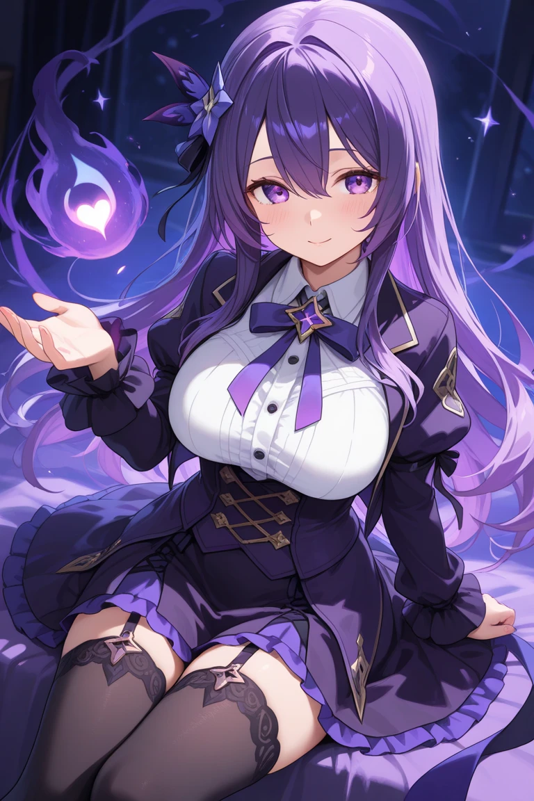 Magical girl Black costume mini skirt Purple long hair Great style Large breasts blush Embarrassed universe space