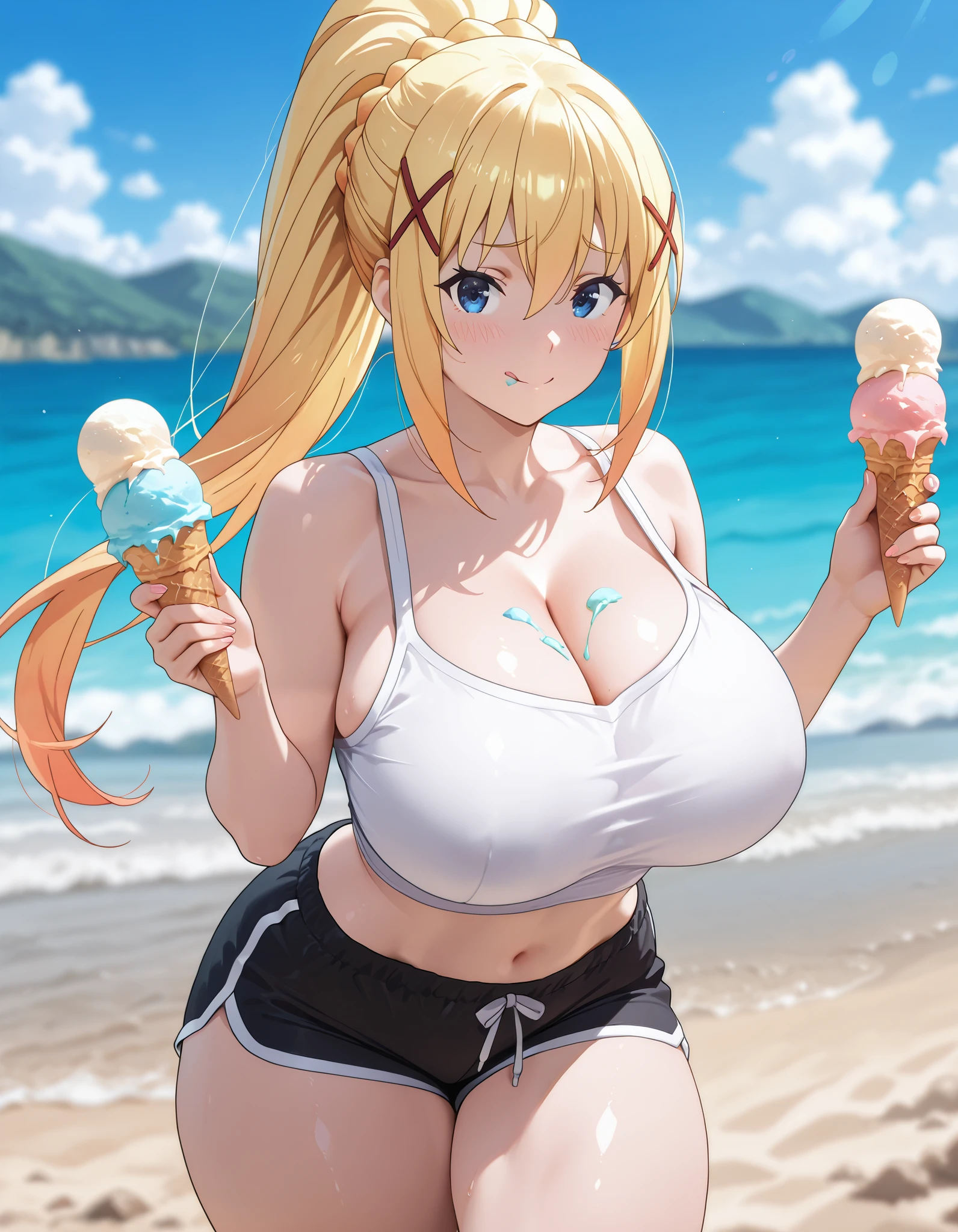 1girl ,solo. front view,, white tank, cleavage, black gym shorts, short shorts, exposed midriff , huge breasts, blurry beach background , shiny,, very pretty face, , darkness\(konosuba\), dynamic_pose, masterpiece, top quality, high fashion , light color, intricate details, thick thighs, look at viewer, charming, seductive,pink ice scream,  (Holding the ice cream in both hands , he takes out the bottom and licks it hungrily . :1 . 5)、 The sight of them eating ice cream while chatting and licking the ice cream