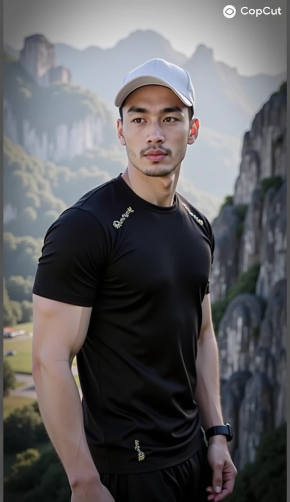 Masterpiece, best quality, high resolution, realistic, handsome, Take beautiful photos, Sayk, NRF, Photo of the 35 year old gym association (The man has a thin mustache.:1.2) Portrait, standing in the garden , make military media, weight, Amazing , Buzzcut short hair,stubble head , (Hyper Muscle),looking at the audience, Flirt with the camera, charming, (Tight black exercise shirt ),(GS-Male:1), 8K,Bokeh,Portrait,look at the viewer,