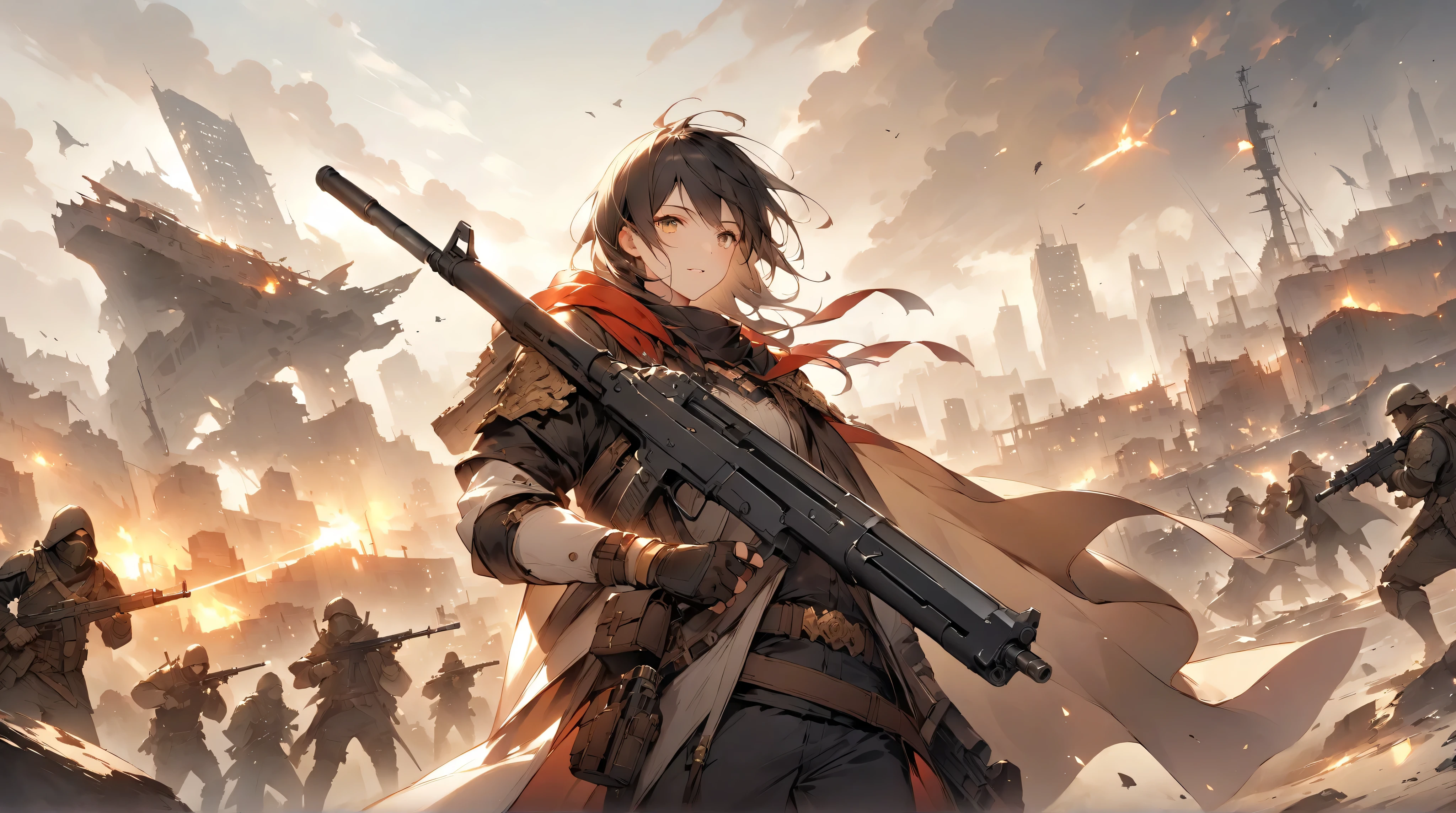 fantasy around the eyes。Hero with Sword。enemy。Cooperate with peers。city。fight。Focus on the face。wasteland。war。gun. Gold