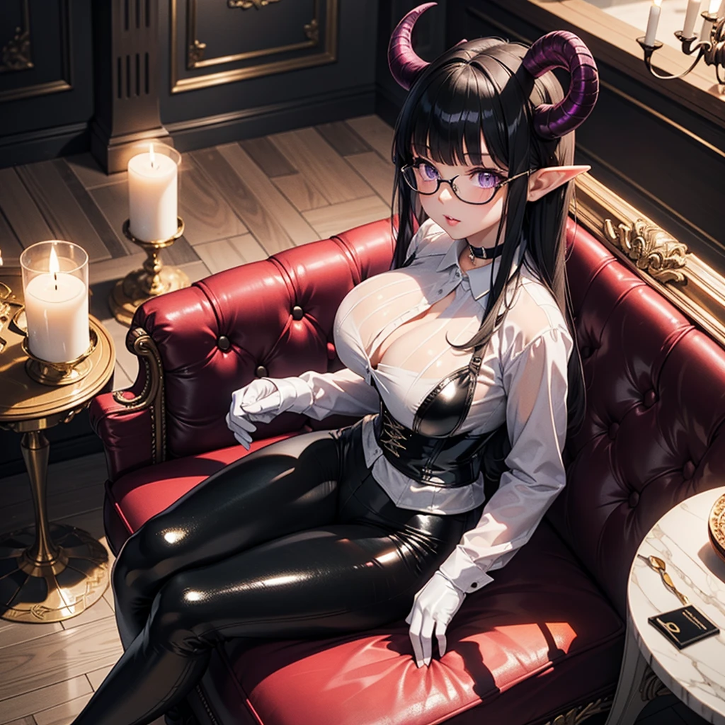 2D anime painting。Side angle cleavage gaze。A demon wearing glasses。Short updo hairstyle。Confused eyes、blush、smile、looking at the camera。???? pose。