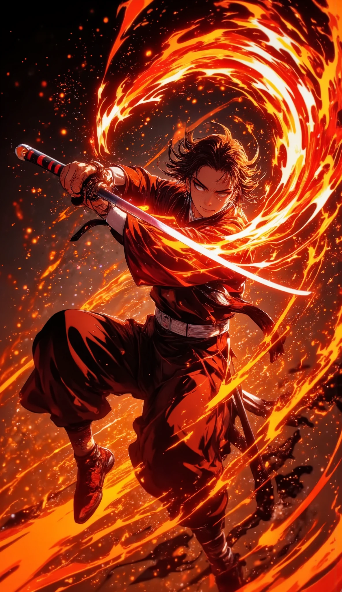 Tanjiro’s Sun Breathing: Hinokami Kagura"**  
*Anime-style action shot of Tanjiro in mid-air, performing Sun Breathing’s "Dance of the Fire God." His blade erupts in swirling crimson flames, illuminating his determined face as embers scatter. The background is a storm of orange and black, with speed lines emphasizing his explosive movement. Ufotable-style particle effects, glowing edge lighting, and detailed fabric movement as his haori flaps dramatically.*  

**Key Details:**  
- *Sunlight flares and lens effects*  
- *Dynamic camera angle (low-angle shot for intensity)*  
- *Traditional *Demon Slayer* watercolor-inspired fire textures*  