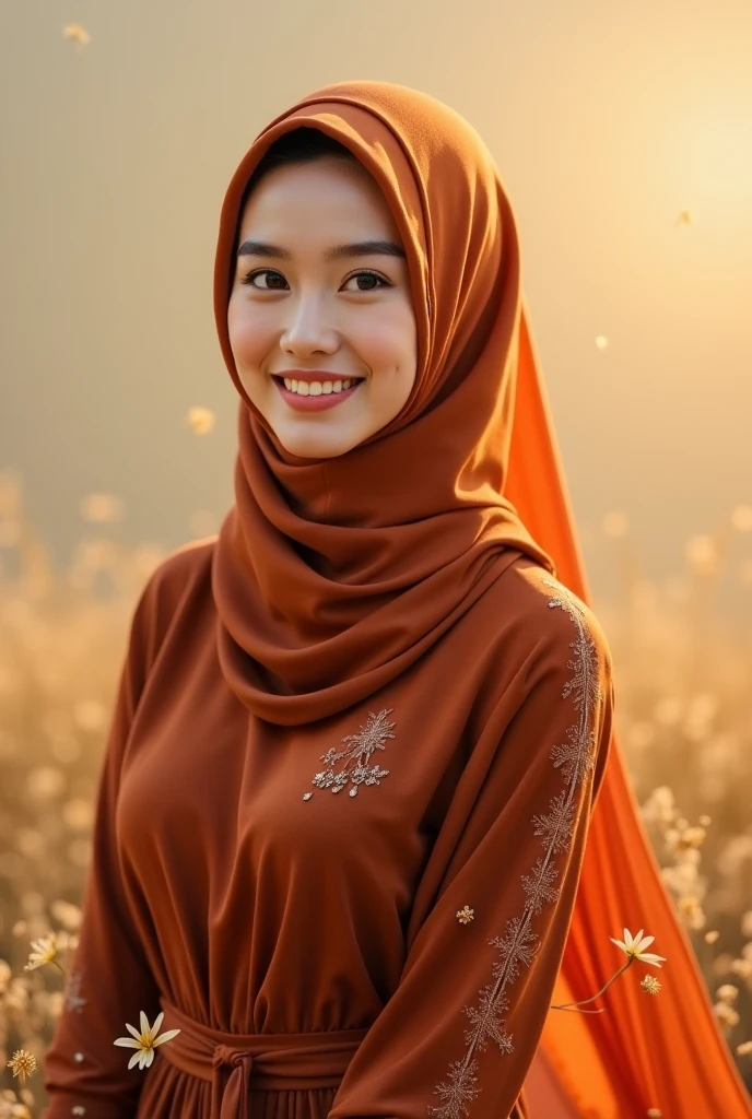 1girl, gorgeous Indonesian woman, silk abaya, hijab, smiling, shy, opened mouth, visible teeth, hot mom, full body portrait, (best quality,4k,8k,highres,masterpiece:1.2),ultra-detailed,(realistic,photorealistic,photo-realistic:1.37),HDR,UHD,studio lighting,ultra-fine painting,sharp focus,physically-based rendering,extreme detail description,professional,vivid colors,bokeh,portraits,warm color tones,dramatic lighting