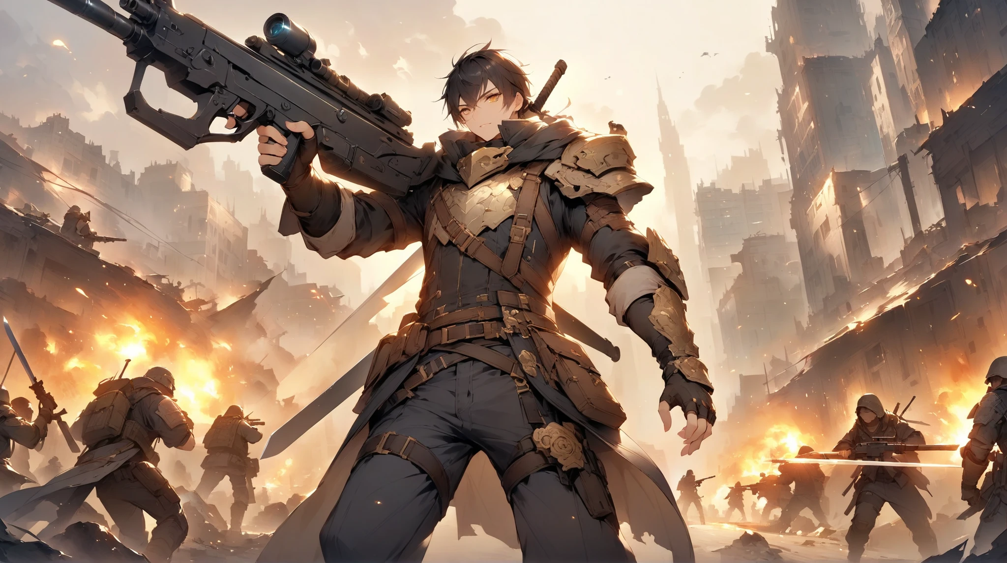 fantasy around the eyes。Hero with Sword。enemy。Cooperate with peers。city。fight。Focus on the face。wasteland。war。gun. Gold