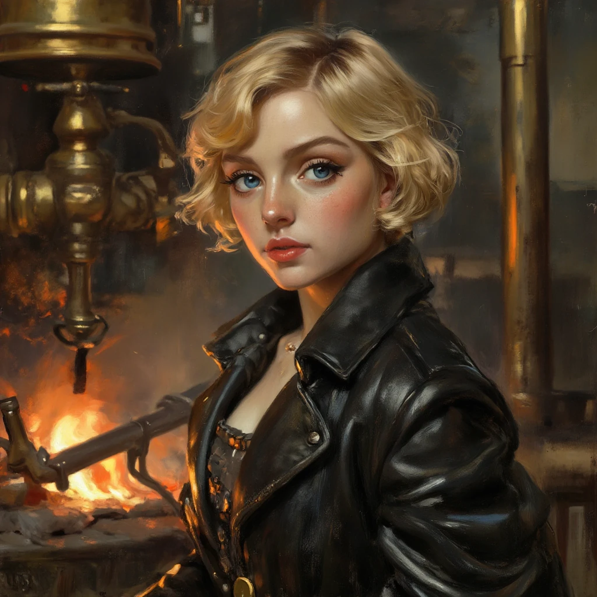 a small cute woman, steampunk, delicate but strong, ((blue eyes)), ((short blonde hair)), (((olive skin))), ((traveler)), ((ry)), ((leather coat)), 1girl, fantasy, intricate details, high quality, 8k, masterpiece, (realistic, photorealistic, photo-realistic:1.1), HDR, chiaroscuro lighting, sharp focus, physically-based rendering, extreme detail description, professional, vivid colors, bokeh, detailed facial features, perfect almond-shaped eyes, parted lips, evocative makeup, false eyelashes, intricate steampunk outfit, surrounded by mechanical tools in brass copper and steel, forge, glowing embers, warm lighting, moody atmosphere
