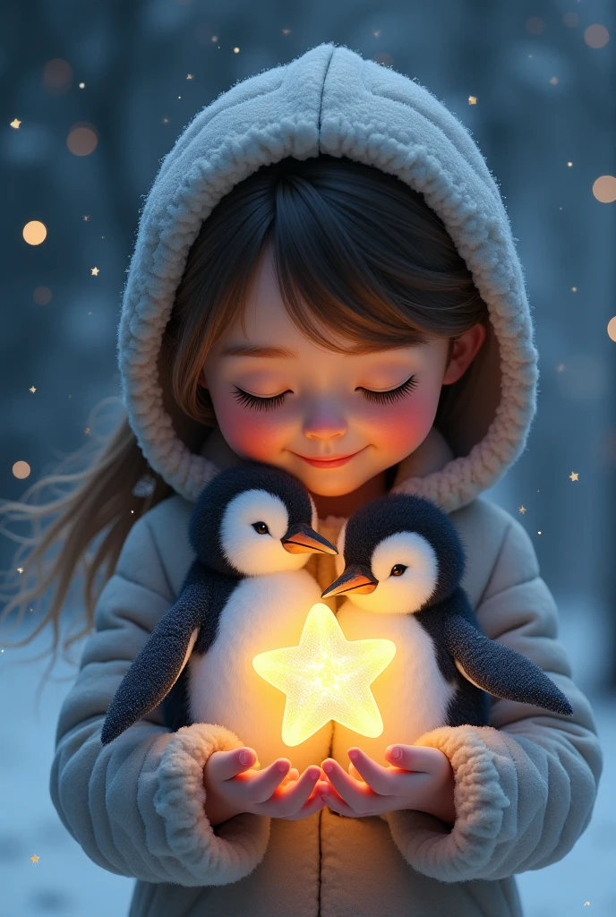 A family , A penguin and a star hugging a baby star