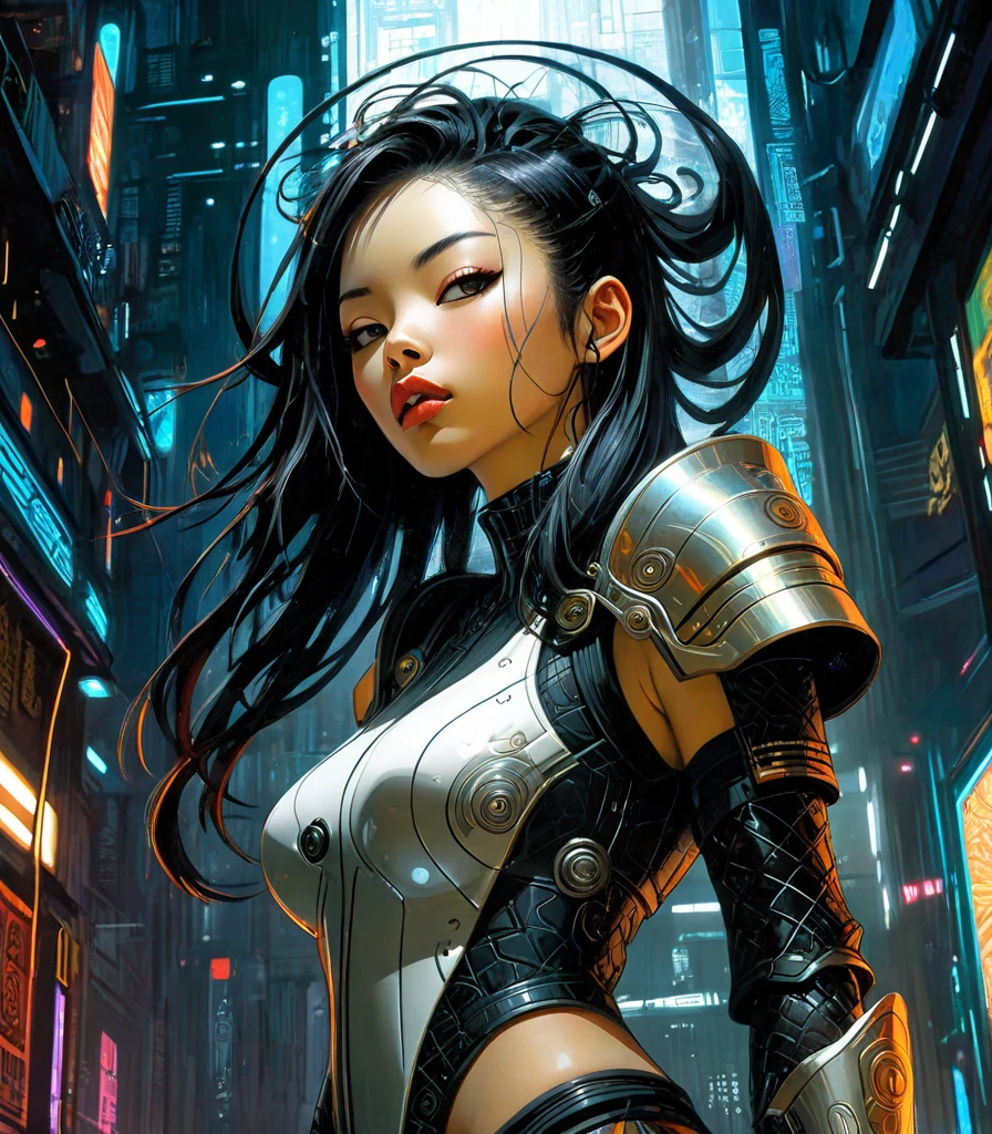 award winning digital art, dramatic lighting, full body shot, extremely detailed skin, a beautiful moon goddess, A moon deity, biomechanical, wearing an intricate high-tech bodysuit covering her entire body, spaceship, outer space, nebulae, retro futuristic, sci-fi, fantasy art, 80s fantasy movie style, Hans Ruedi Giger style, intricate mechanical details, glowing cybernetic enhancements, action pose, frank frazetta style, best quality, 8k, highres, masterpiece, ultra-detailed, realistic, photorealistic, HDR, UHD, studio lighting, ultra-fine painting, sharp focus, physically-based rendering, extreme detail description, professional, vivid colors
