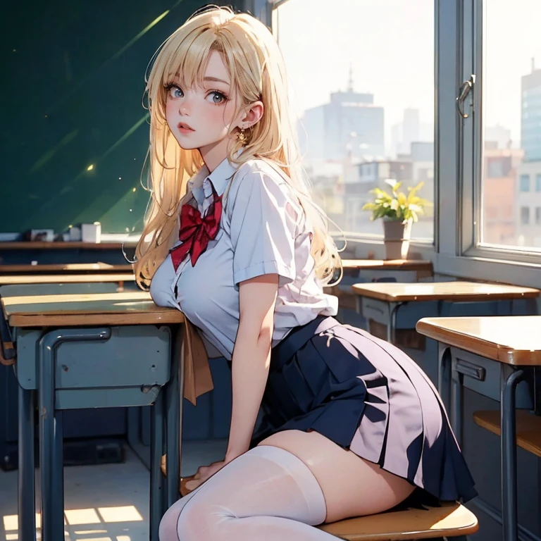 teens girl,white panties,White over-the-knee stockings,bare-legged,full bodyesbian,Voluptious body,Sexy orange cropped top,White hair,High ponytail,animemanga girl,sitting on the classroom desk,In the classroom,Flowing liquids