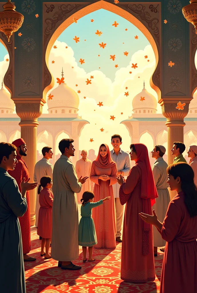 An illustration of A female journalist wearing kurta salwar having microphone in her hand asking for opinions under a tree on a raised platform of the village. There is a big tree on it and it is decorated with frills and lanterns. Few more people are there to listen it. Microphone is towards a person wearing headscarf kurta and pyjama
