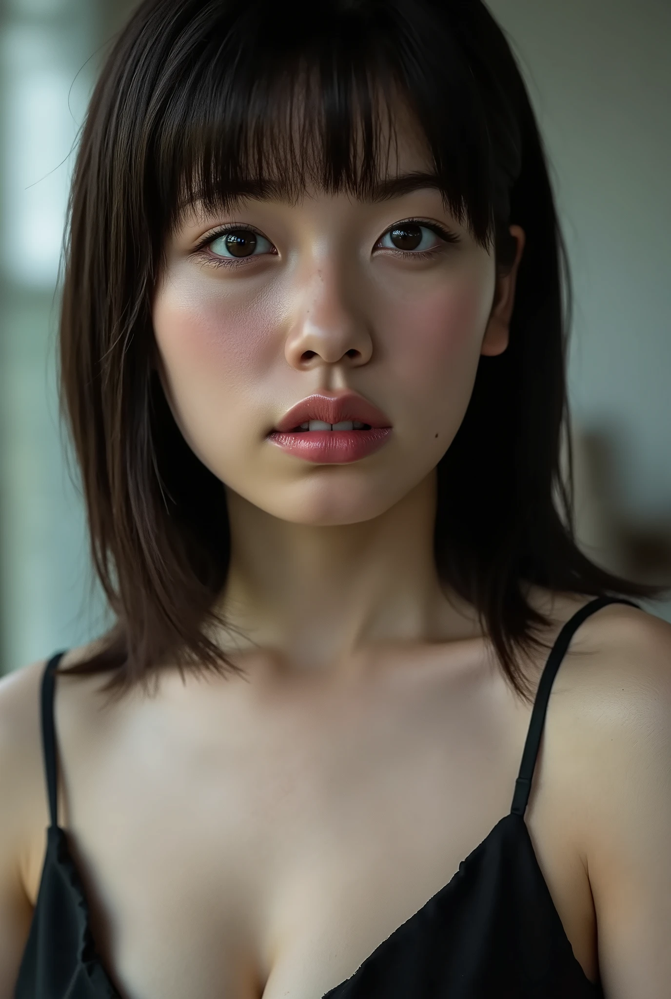 (( top quality )), ((masterpiece)), ( details), first-person view ,1 Girl, sexy,( bring your face closer ),((and open your mouth wide )),((very big breasts, underwear, short bob hair)), black hair , (( without makeup, small eyes))