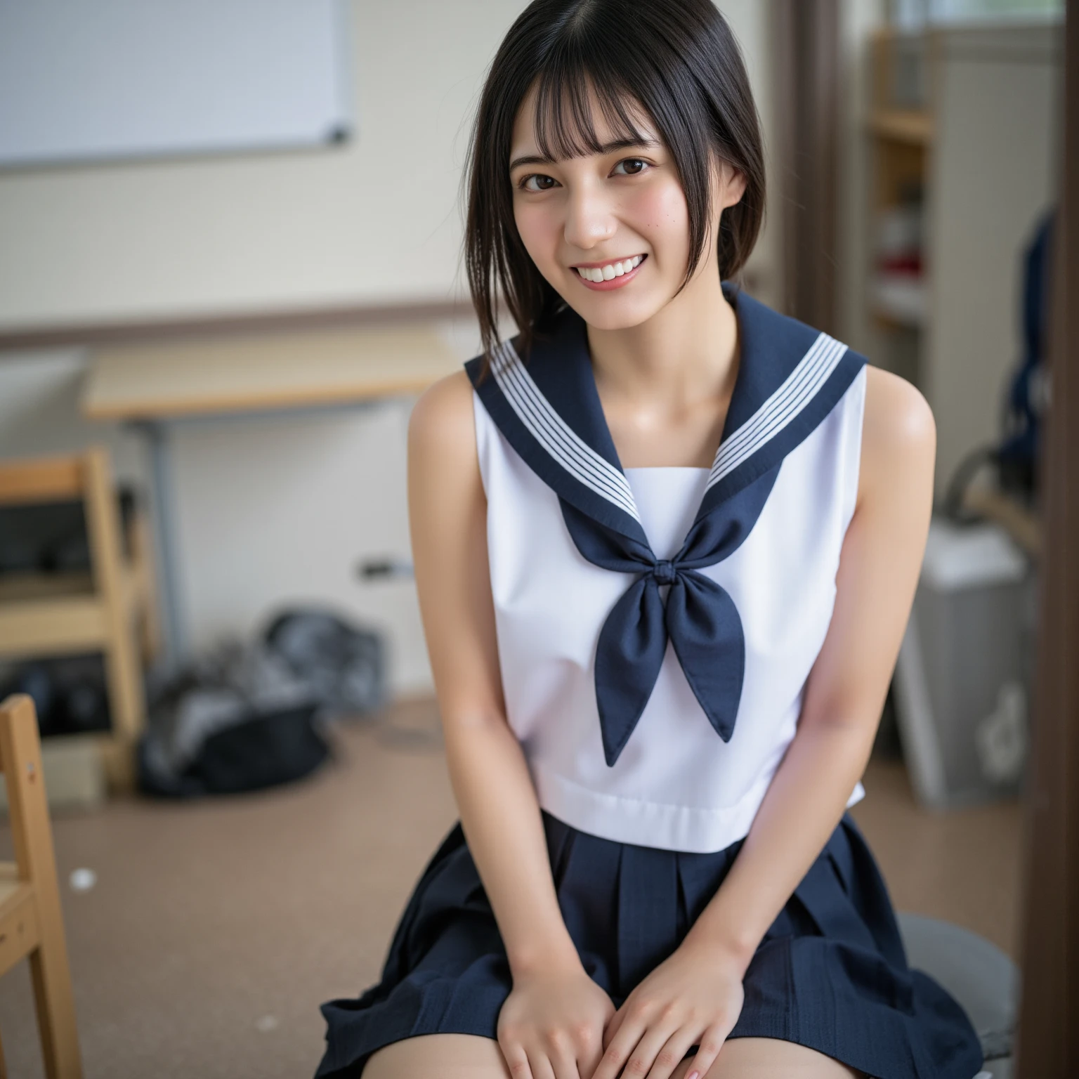 Japan junior high school girl, Black Hair, Layered Straight Long Hair, bangs, On all fours, smile, , In front of the wall, Neat, Severe, Honor student, No pants, Very good, nude, Completely naked, Identical twins,  body, low length , chubby body type