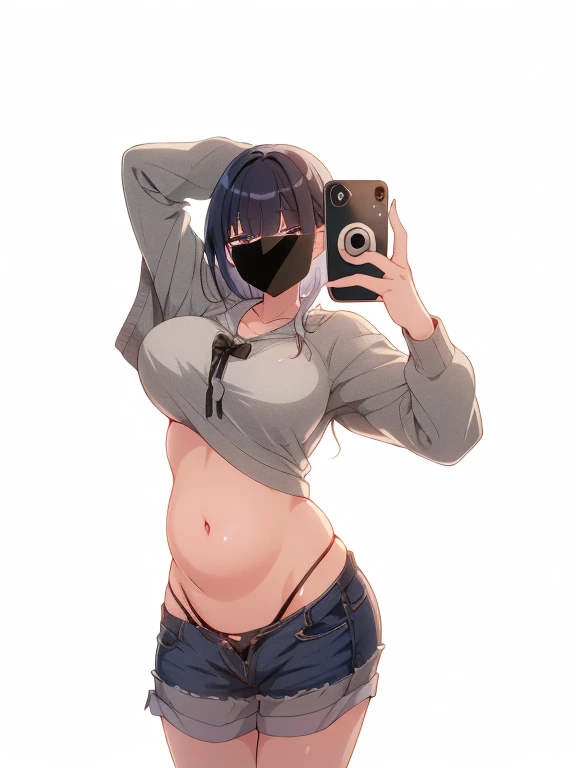 Anime girl takes selfie with smartphone, holding smartphone in front of covering face, sexy bra, pantie, navel, (((white background))), huge breasts, nude,
 thong,