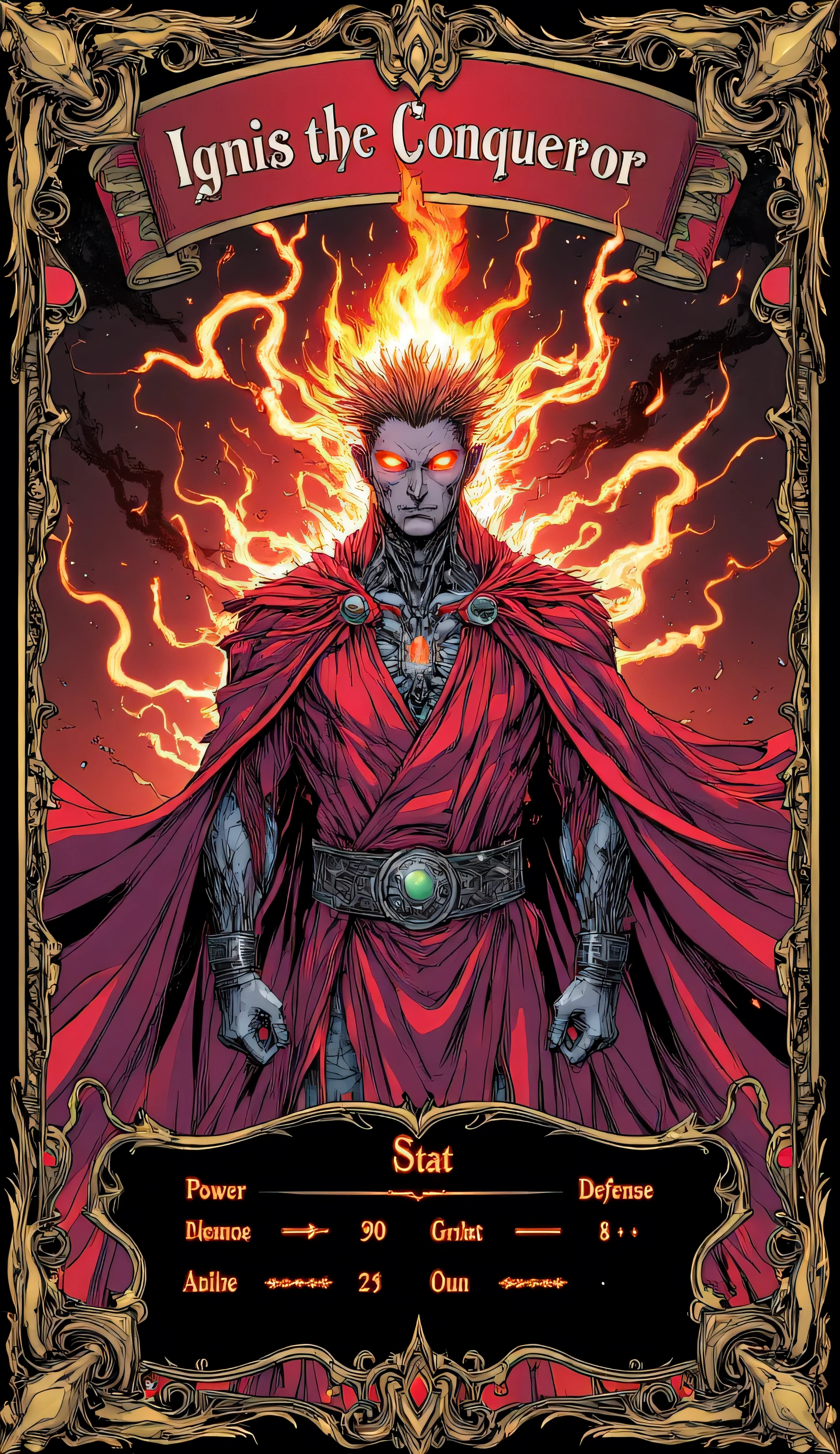 Ignis the Conqueror, the Red Fire Sorcerer, is a towering figure draped in flowing crimson robes that ripple like liquid fire. His eyes blaze with an unyielding orange glow, and his hands crackle with swirling flames ready to unleash destruction. A jagged crown of glowing embers hovers above his head, marking his mastery over the element of fire. His expression is fierce and resolute, exuding power and menace.
Frame Description:
The card frame is a rectangular, vertically oriented design with a 2:3 aspect ratio, featuring an ornate golden border etched with intricate flame motifs that curl and twist along the edges. The background within the frame is a gradient of deep red fading to black, accented with subtle smoke wisps and faint ember sparks. The top section has a curved banner in metallic crimson displaying the name "Ignis the Conqueror" in bold, angular lettering. The bottom section includes a sleek black stat box with glowing orange text for power, defense, and ability details, framed by thin fiery lines.