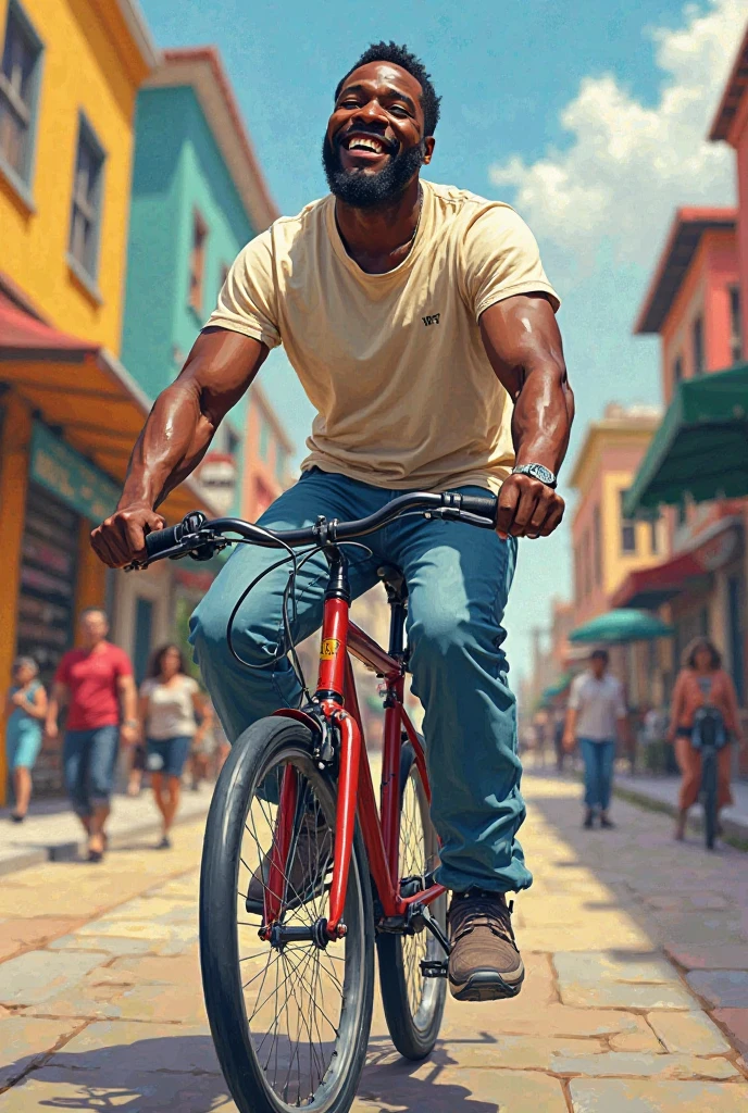 Please help me with an Ecuadorian man exercising on his bike in the street