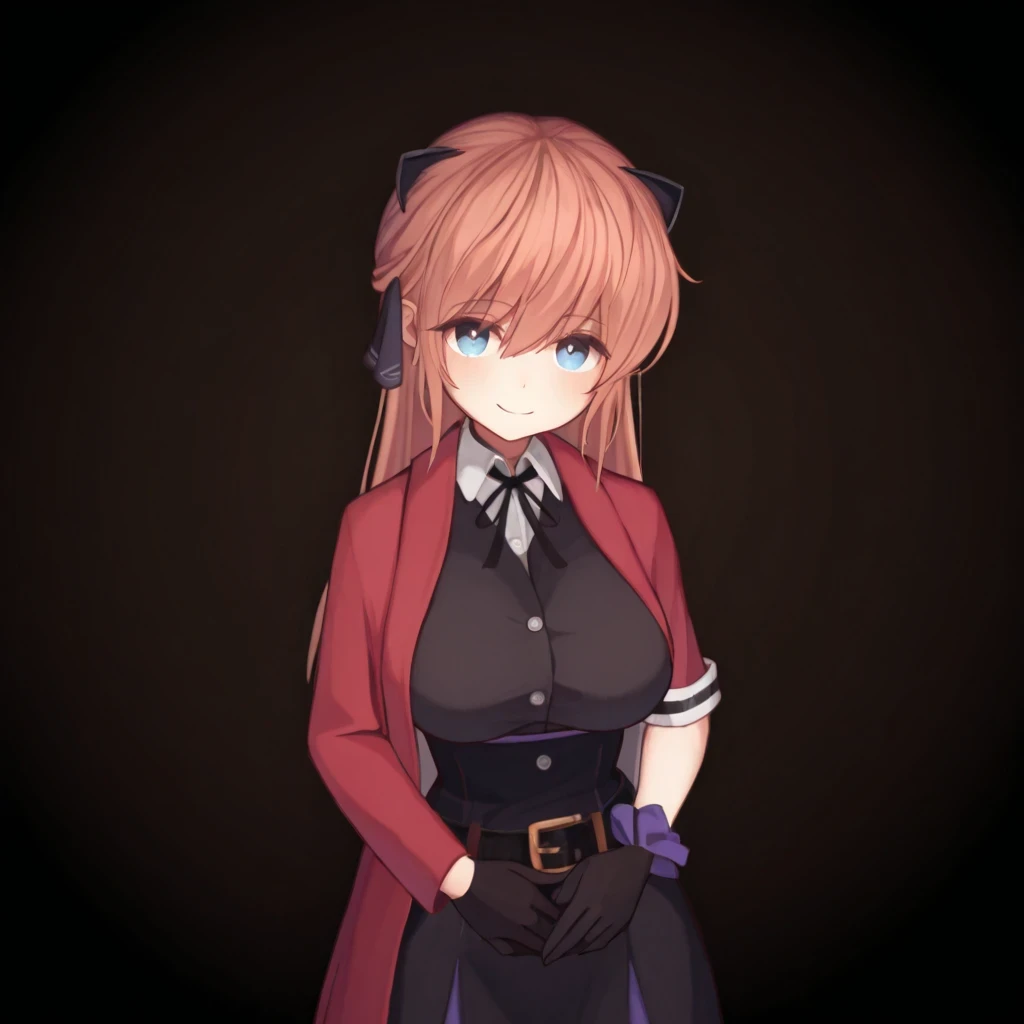 best quality,hyper-detailed,1girl,solo,front view,eyes look at viewer,Vivi, beautiful face smile,medium breast,blue eyes,Uniformed,black glove,Body upright,standing,Folded hands,Transparent background,