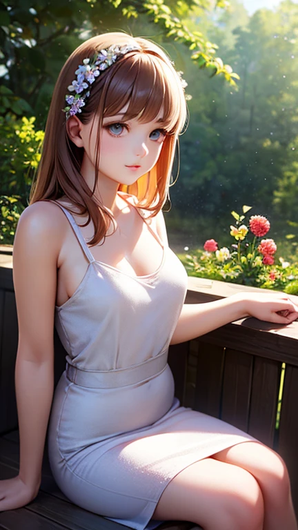 run away (chainsawman), top quality, super detailed, 1 girl, alone, Red hair, long braids, golden eyes, Bangs, sharp focus, 8K high resolution, Very detailed, complicated, on a summer day, Surrealism, original photo, Stunning face, gentle smile (High detail skin: 1.2), Bright and attractive eyes，from back，hip focus，[Alessandro Ambrosio: 15] [zendaya: 15] [ barbara palvin: 15] [Margot Robbie: 15] light-brown long hair, (The facial details are very rich: 1.3), with fair and smooth skin，(复杂且Very detailed: 1.2), 8k ultra high definition, SLR camera, soft light, high quality, film grain, sharp focus, sexy stomach, (Sexy toned legs, sexy lower leg)) ((High)), The breasts are slightly bigger, Shot from the front, seaside, The moment you hold a bouquet of flowers in your hand, Your hair is fluttering in the wind