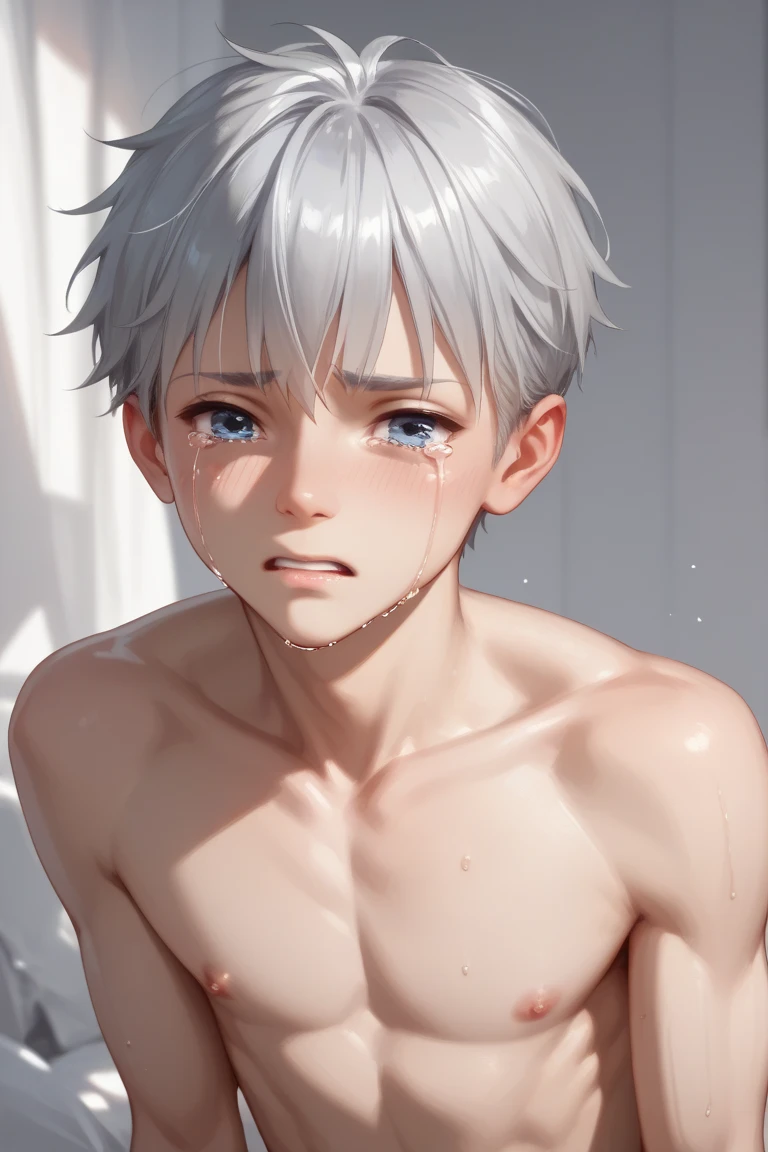 skinny boy , naked, Very cute, White hair, thin body, Killua Zoldik