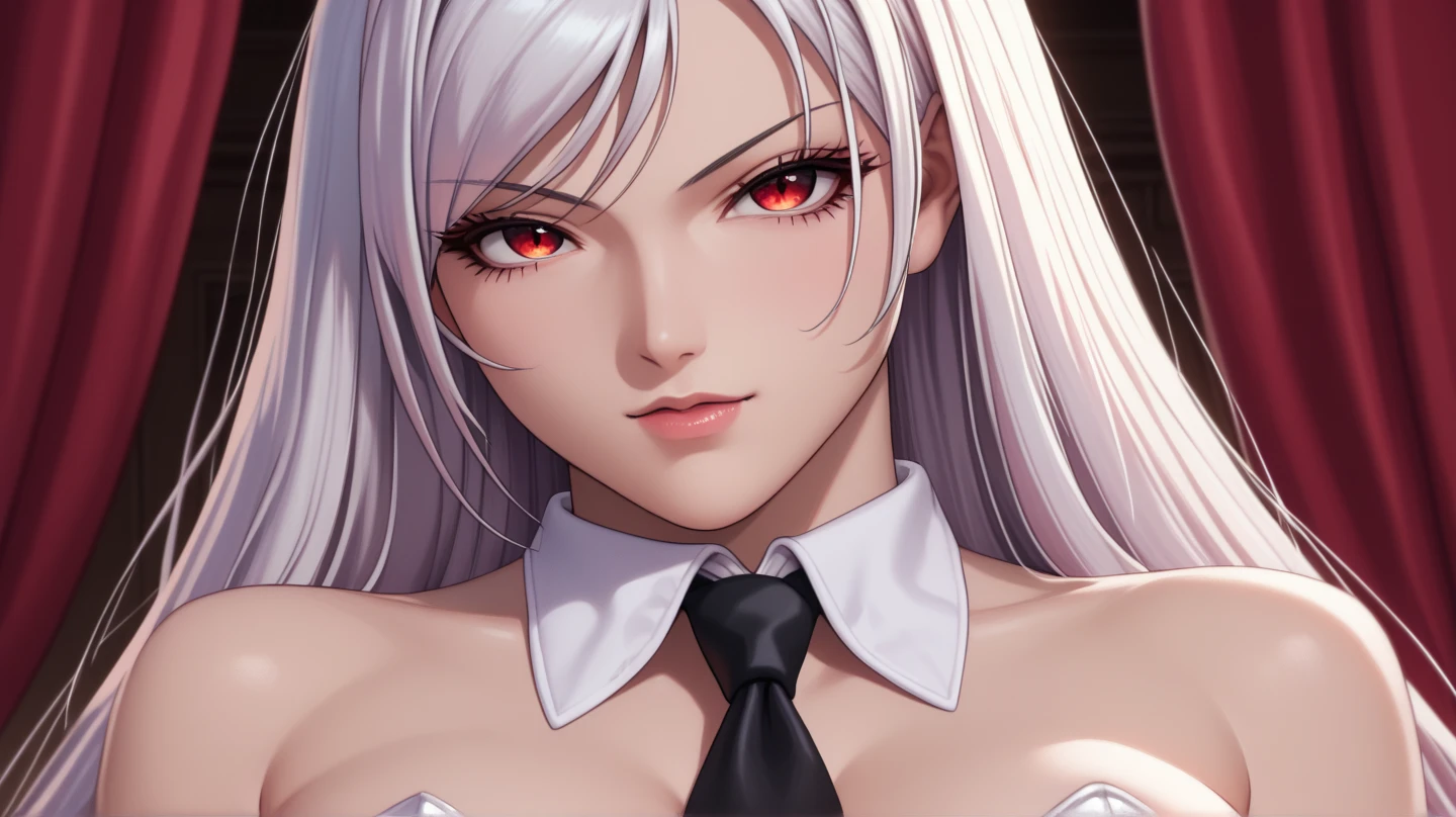 red eyes, (highest quality, masterpiece絵画:1.3), mature woman, 26 years old, (half body shot), masterpiece, ultra high resolution, (Photoreal:1.0), silver hair、straight hair, beautiful shiny hair, white and shining skin, ((Ultra realistic details)), octane rendering, highly detailed face, (big breasts:0.8), ((maid)), (黒maid服),((black mini skirt)), (lift up the skirt:0.8), ((very tight pussy:0.8)), cleavage, perfect body, soft skin, anime face, perfect face, perfect eyes, looking at the viewer, smart, coffee shop,sharp focus, intricate details, professional artwork, (bright colors:1.1), bright colors, diffused lighting, digital blending, ultra-definition body, ultra detail hair, super detailed face, that&#39;It&#39;s trending on pixiv, top button open, shy girl, Cute gaze, compensate, perfect lips, perfect compensate, Ultra-precision coating, (light_smile:0.8), Very embarrassed, blush your nose,