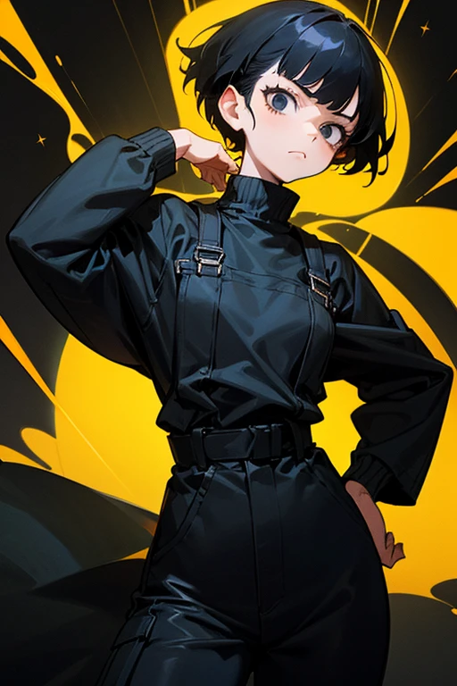 8 year old girl, Solitary, rest, Double tail, Black Hair, Bangs, Long eyelashes, beautiful eyes, full,Yellow and black, c lips, Uniforms,Sailor Suit,Knee socks, Lando Seru Backpack,(many, Impressionism, painting)、Disheveled、Clothing that fits snugly,Chest contour、(((Wet clothing))(((Ultra-thin clothing))),((Flesh outline)),Grinning