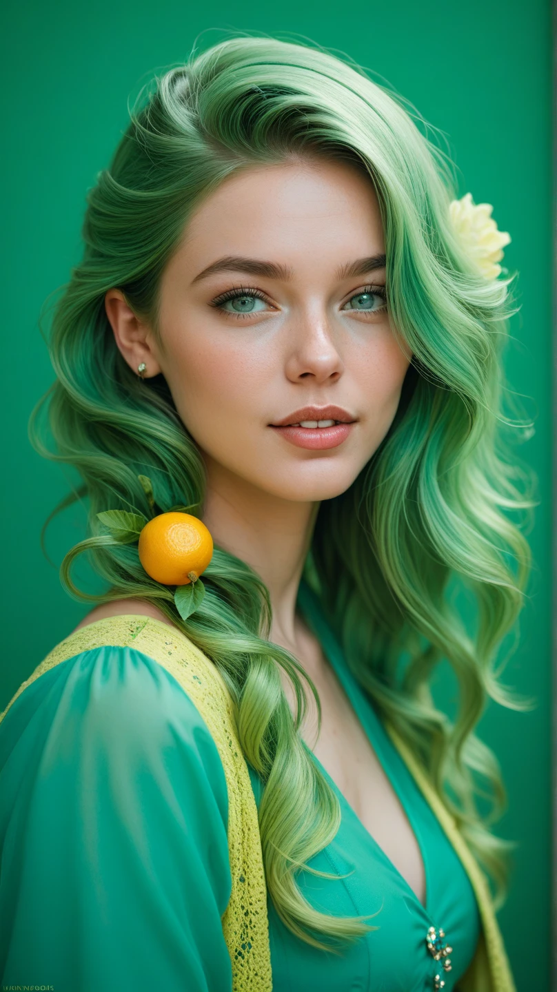 (medium shot:1.2), <lora:BrandyGordon_v2.1:.9> BrandyGordon_. smile, jungle green color hair styled as high ponytail