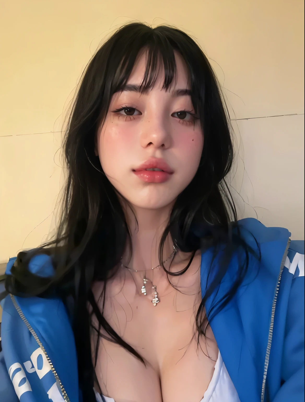photograph, (photographrealistic: 1.4), (超Realisticな: 1.4), (Realistic: 1.3), (Smooth lighting: 1.05), (Improving cinematic lighting quality: 0.9), A kind, beautiful and attractive woman, (White night dress, deep low neck), Sexy and provocative pose, Beautiful and delicate face, Neat, Innocent, Pink Lips, Open your mouth, (close your eyes), Black Hair, Embarrassed face, Large Breasts, Captivating and beautiful collarbone, Ultra-high resolution, soft smooth skin, Medium Wide, whole body, extreme realistic detail, Ultra-high resolution, Amazing details, 8K, Attractive clavicle, Blushing cheeks, close your eyes, Captivating look, Evening Light, Backlight, Bedroom, Large windows,