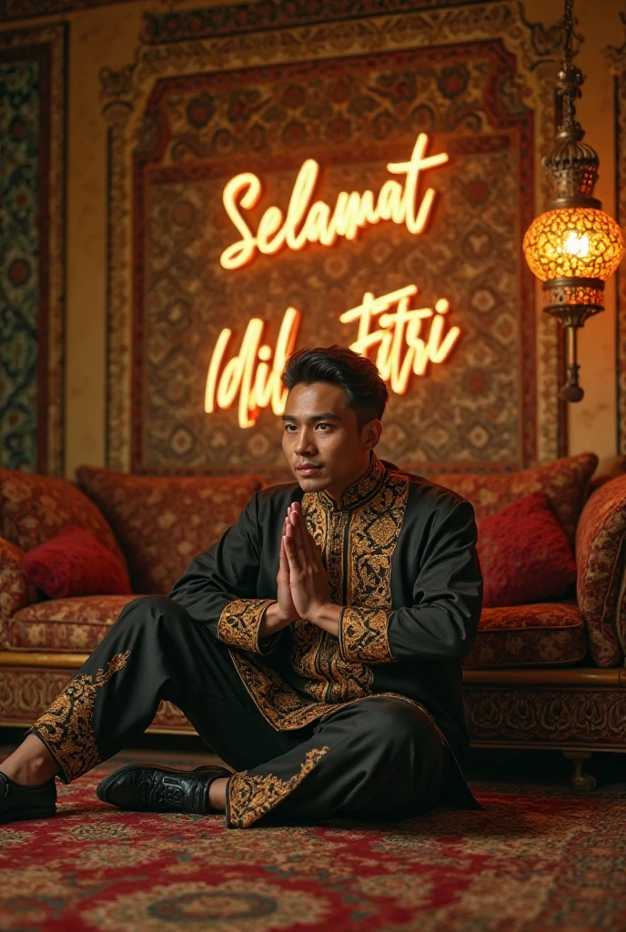 In a warm and cozy living room decorated with intricate Islamic ornaments, a young Malay man, dressed in traditional attire: black trousers and a traditional Indonesian peci, black shoes, a namaste handstand, golden Ketupat and elegant LED calligraphy reading “SELAMAT IDUL FITRI” complete the festive atmosphere, emitting soft and shining lights that fill the room with harmony and celebration.