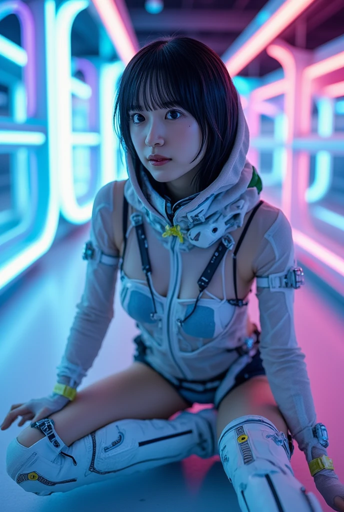a woman in a black and white outfit sitting on a machine, cyberpunk anime girl, female cyberpunk anime girl, anime cyberpunk art, anime cyberpunk, digital cyberpunk anime art, cyberpunk anime girl mech, digital cyberpunk - anime art, modern cyberpunk anime, cyberpunk anime art, digital cyberpunk anime!!, perfect android girl, cybercore, oppai cyberpunk, nightcore, android heroine nsfw