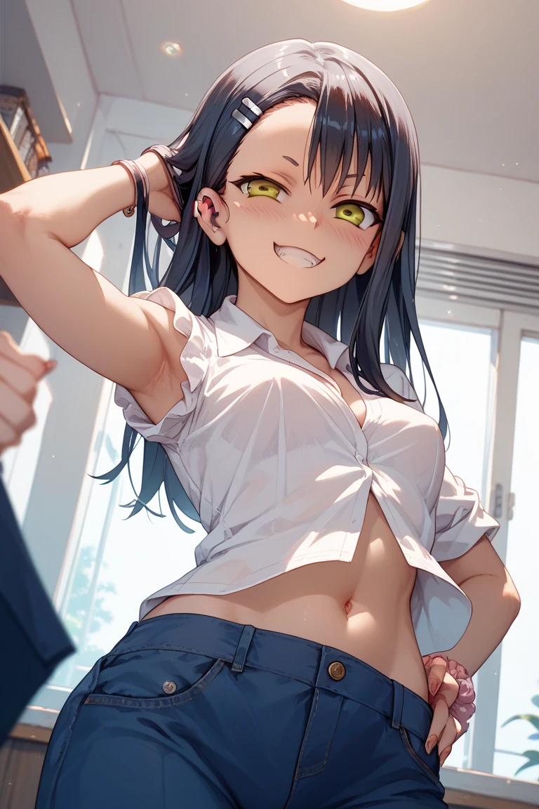 (8k、Best image quality、highest quality、masterpiece)、Detailed face、((One ))、mesugaki、Black Hair、Short Twin Tails、Grey Eyes、Wicked Smile、((Grin))、Small breasts、((topless))、((denim pencil mini skirt))、Cowboy Shot、Underwear store background