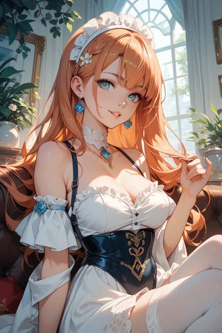 Refia, redhead, amber eyes, adult woman, masterpiece, beautiful girl, blue skirt, white bra, bare arms, sleeveless, kneeling, blushing, castle, bedroom, window, curtain