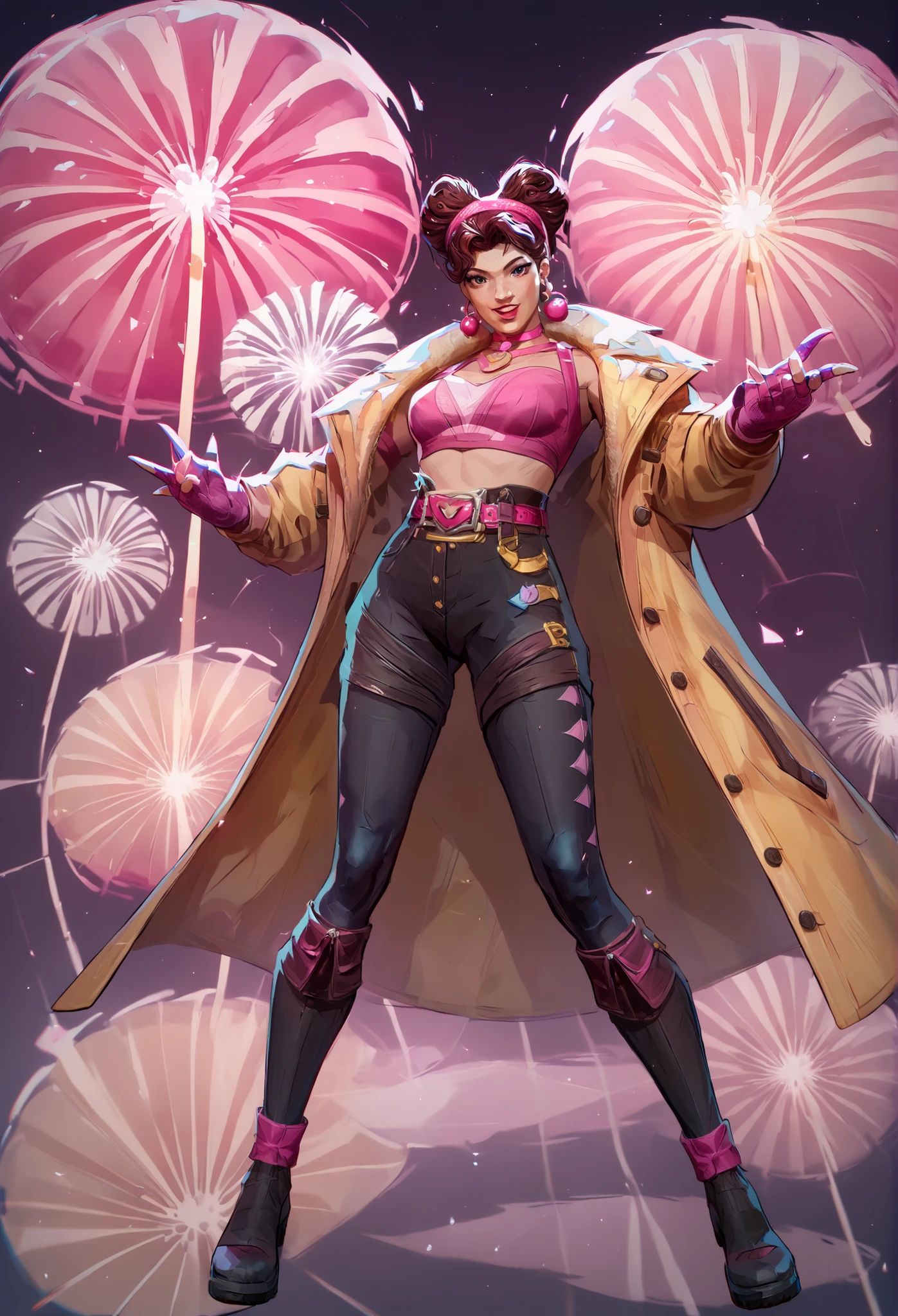 Jubilee is a character known for her vibrant and dynamic appearance. She typically wears a bright yellow trench coat, which is distinctive and eye-catching. Underneath, she often sports a pink top, complemented by black pants. Her accessories include pink gloves and a headband, enhancing her energetic look. Jubilee's costume is completed with stylish black boots, which add to her superhero aesthetic. The use of bright colors like yellow and pink reflects her lively personality and powers, often associated with fireworks and explosions of color. She also has headphones.