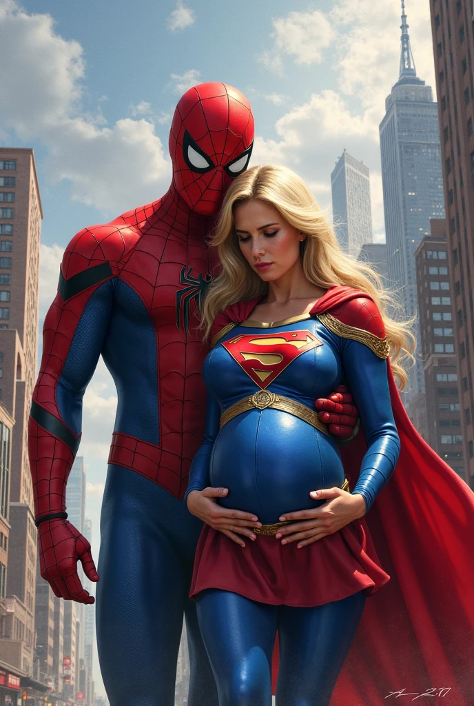 Pregnant wife, snuggling spiderman, resting in the shade of a large tree, bright early afternoon, happy scene,