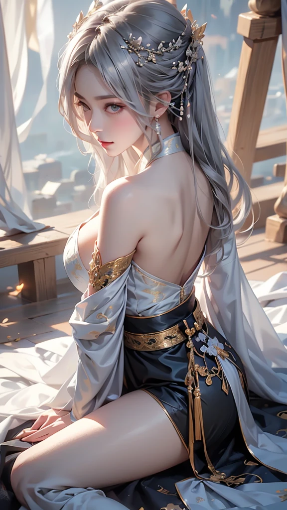 ((Highest quality)),((Superior Quality, 8k, masterpiece: 1.5)), Pubic area is transparent: 1.4, Perfect Body Beauty: 1.4, Sexy Hanfu,Sexy Hanfu,I can see your pants,Gray Hair,Wet Skin, Sleeping in bed,Back Stance,Pointy ass,Round ass,Pointy ass,Lift your ass,Film Texture,