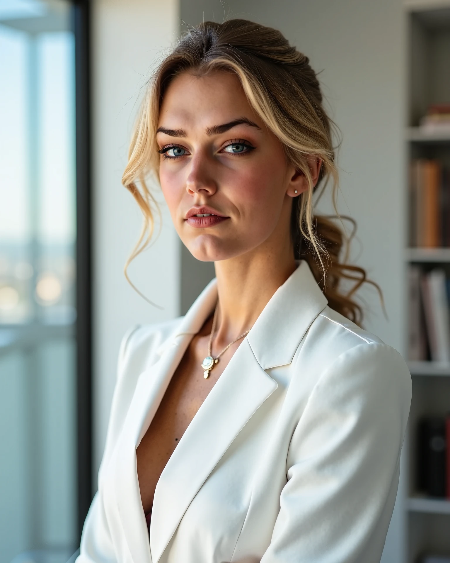 megynkelly an , a elegant woman, in a (hotel-lobby:1.2), wearing a (shirt:1.15) and a (blazer:1.1), makeup, (led-lights), (8k, best quality, depth of field, ultra high res:1.2), (absurdres, intricate, photorealistic, masterpiece, ultra-detailed, Unreal Engine:1.3)