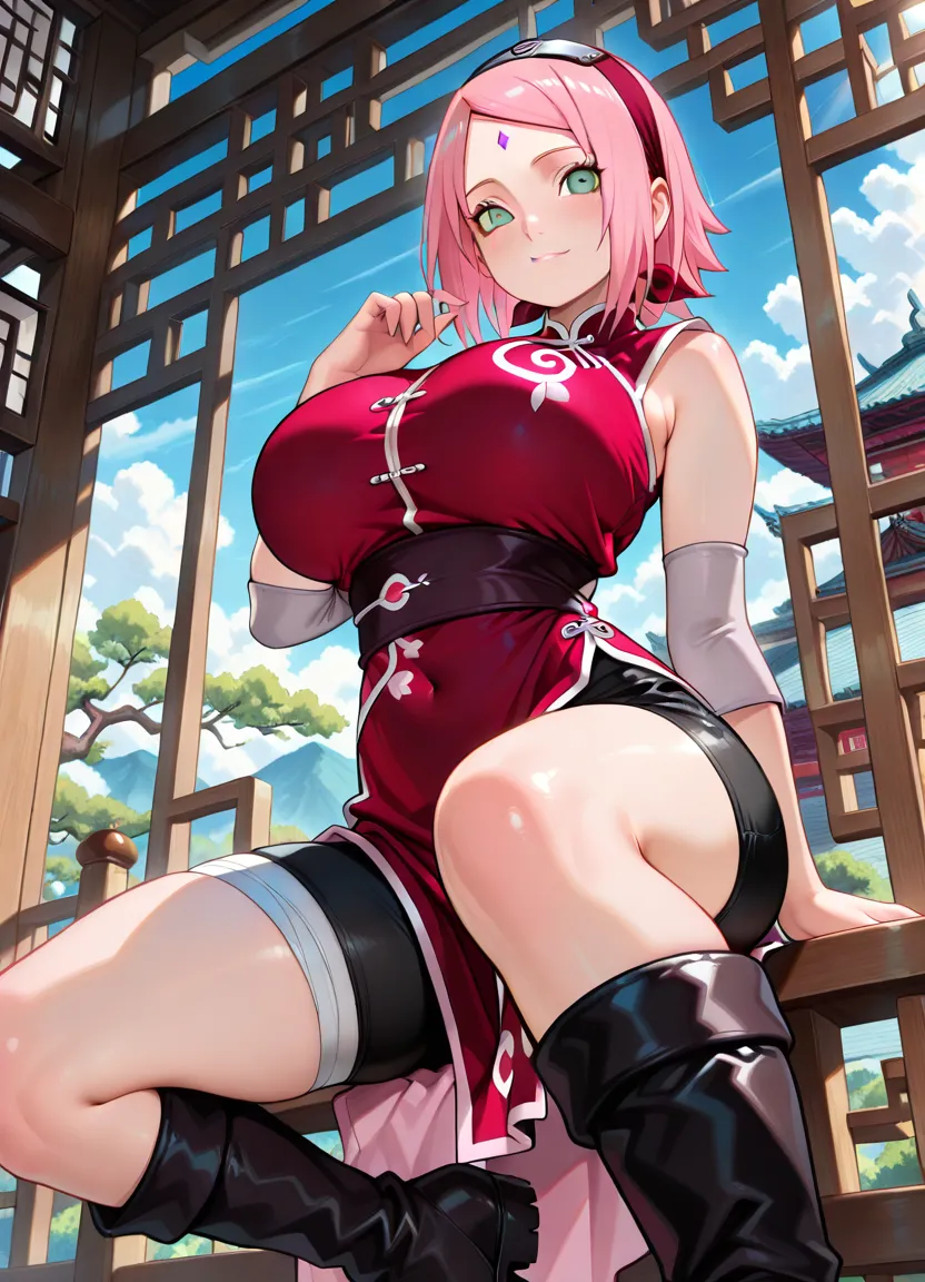 Naked Sakura sitting on the rubber seat