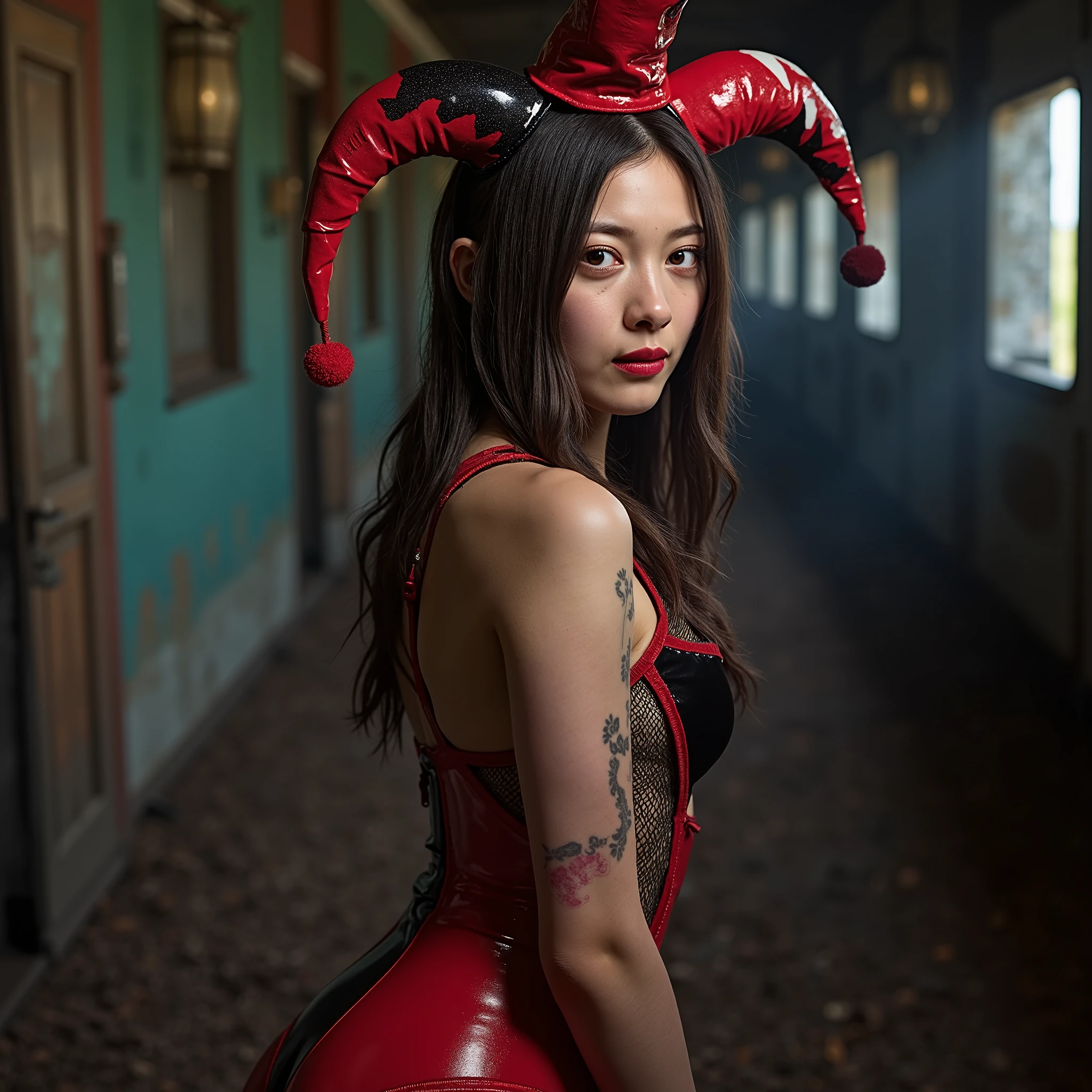 arafed woman in a devil costume crouching down in a dark alley, demon girl, fullbody painting, demoness, full body painting, spraypainted bodypaint graffiti, in style the demon seated, demon woman, full body devil woman, bodypainting, in red paint, demon cat, professional body paint, very sexy devil outfit, bodypaint