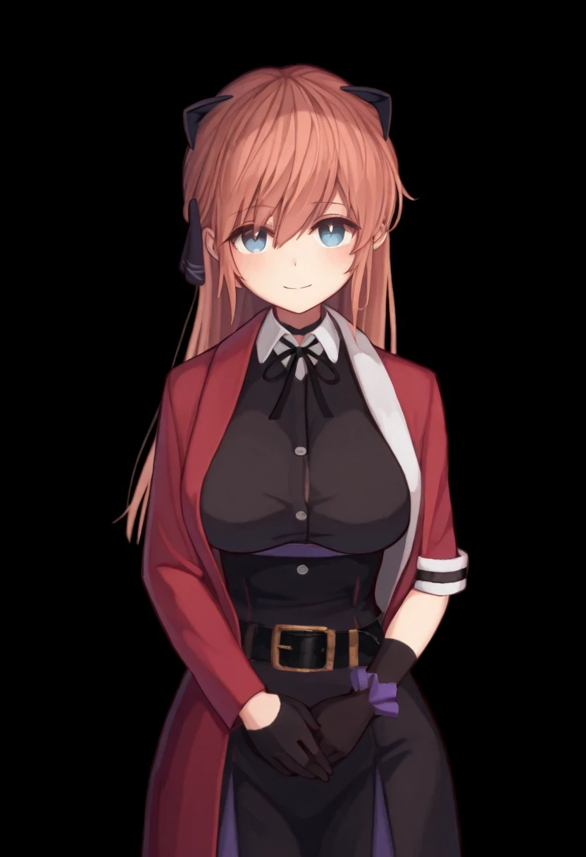 best quality,hyper-detailed,1girl,solo,front view,eyes look at viewer,Vivi, beautiful face smile,medium breast,blue eyes,Uniformed,black glove,Body upright,standing,Folded hands,Transparent background,
