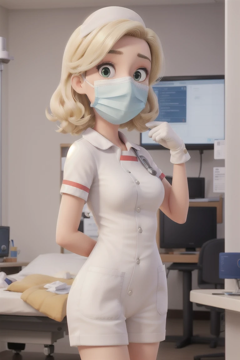 masterpiece, best quality, blonde Female nurse with a surgical mask putting on gloves at hospital, white nurse outfit