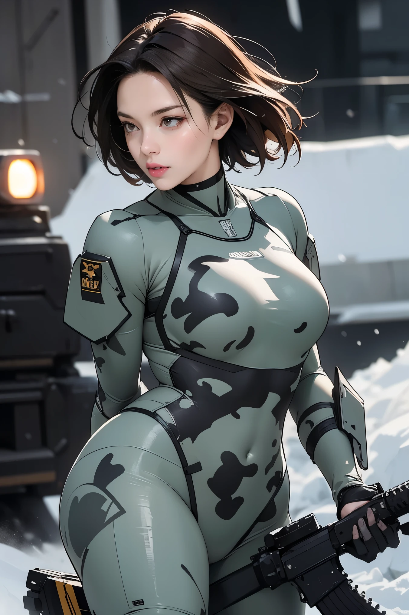 Browsing Caution, Anime screenshots, 16K, A body with perfect anatomical proportions, Perfect hands, action, Dynamic composition with a sense of speed and movement, (Hold an assault rifle:1.6), wife, 40 years old, Perfectly beautiful, delicate and sexy face, Perfect and beautiful delicate eyes, Brown Hair, Short Bob Hair, huge , Abdominal muscles, Camouflage colored heavy armor steam engine full armor power suit, Many heavily armored robot soldiers engaged in a gunfight in the background., flying bullets, Snowy battlefield, war, Post-apocalyptic,