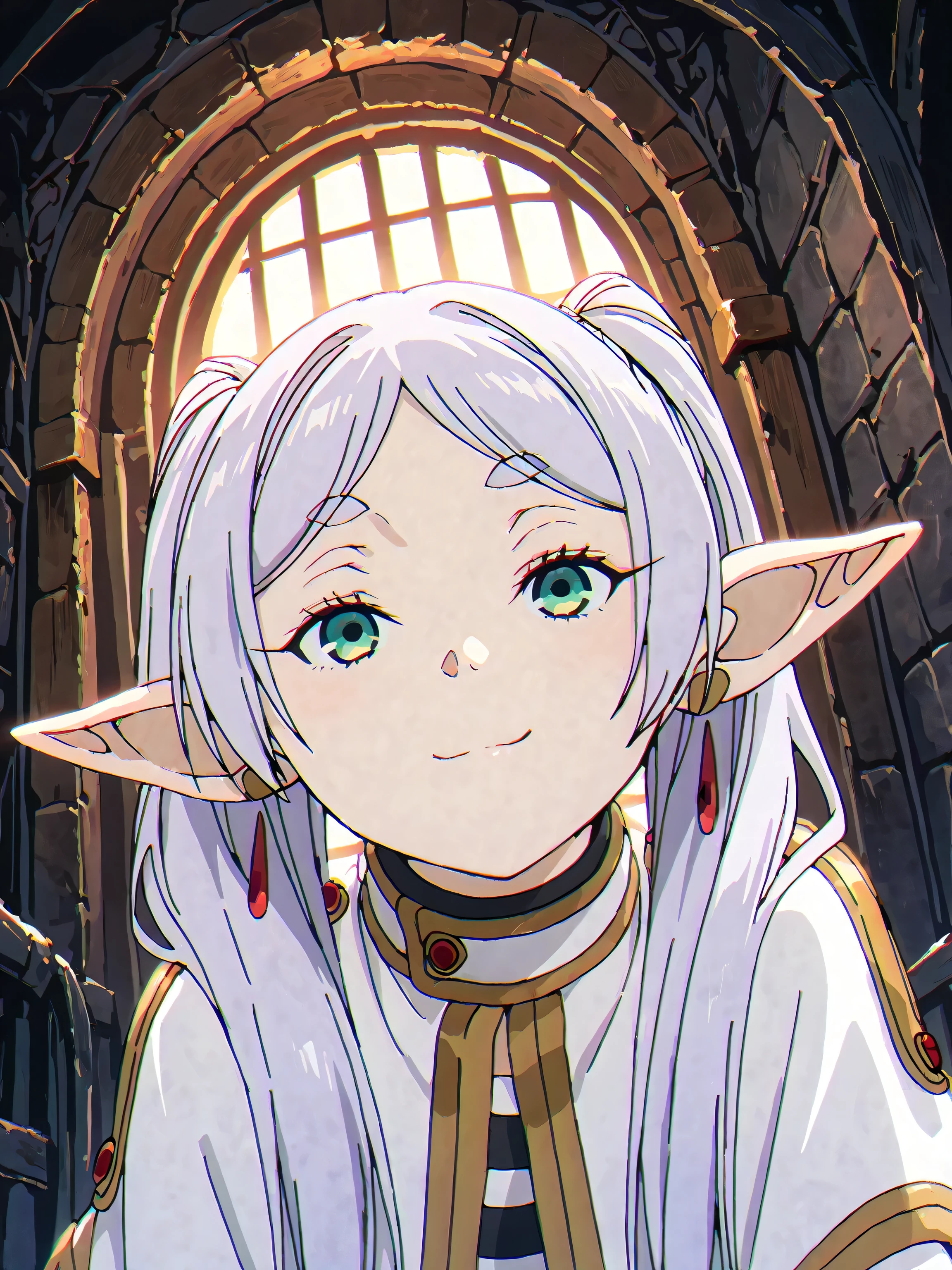 1girl, solo, frieren, elf, beautiful woman, petite woman, green eyes, highly detailed eyes, expressive eyes, natural eye shape, iris with visible details, anatomically correct, super detailed, high details, intricate details, accurate, dynamic angle, dynamic poses, highres, absurdres, (masterpiece:1.5), (best quality:1.2), amazing quality, 4k, looking at viewer, smug expression, snickering, smirking, dungeon, pitch dark, underground, monster lair