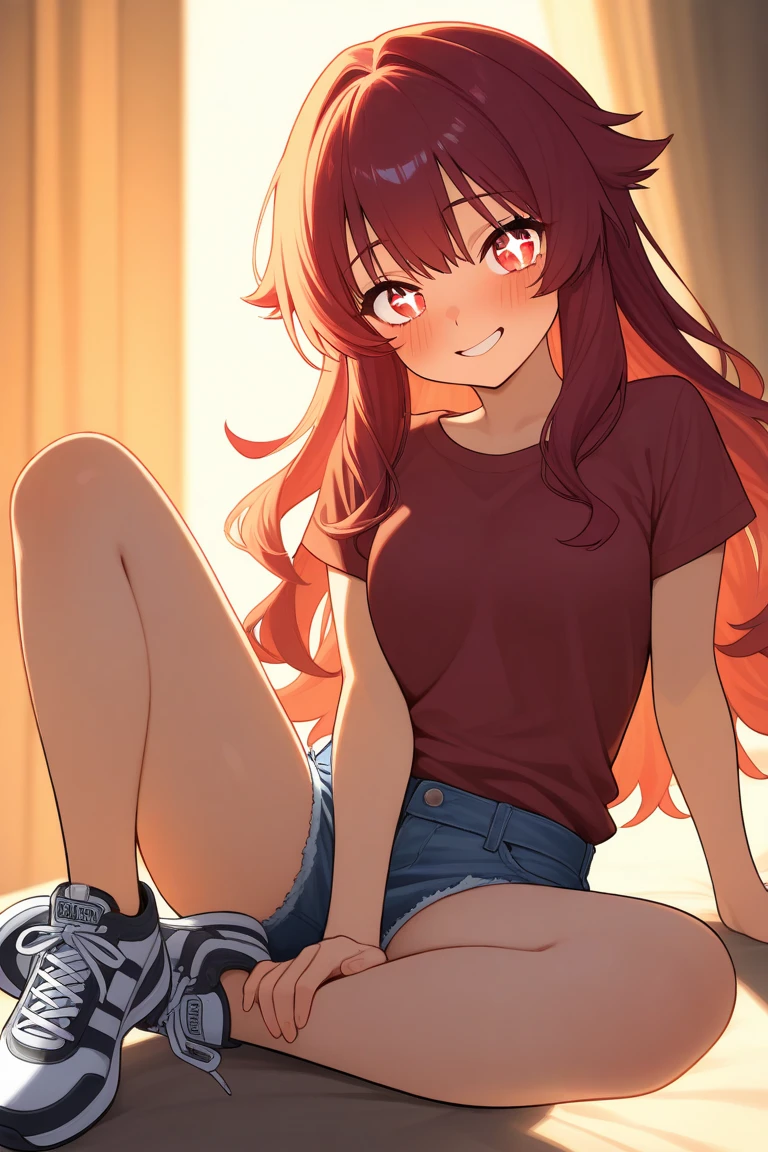 sfw, side view, (ultra-high resolution, depth of field:1.3), 1woman, elegant, (tanned skin:1.3), ((light red hair)), long hair, ponytail, choker, (red eyes:1.1), white pupils, medium breasts, shirt, skirt, bracelet, tight strap, outdoors scenery, gentle smile, blushing