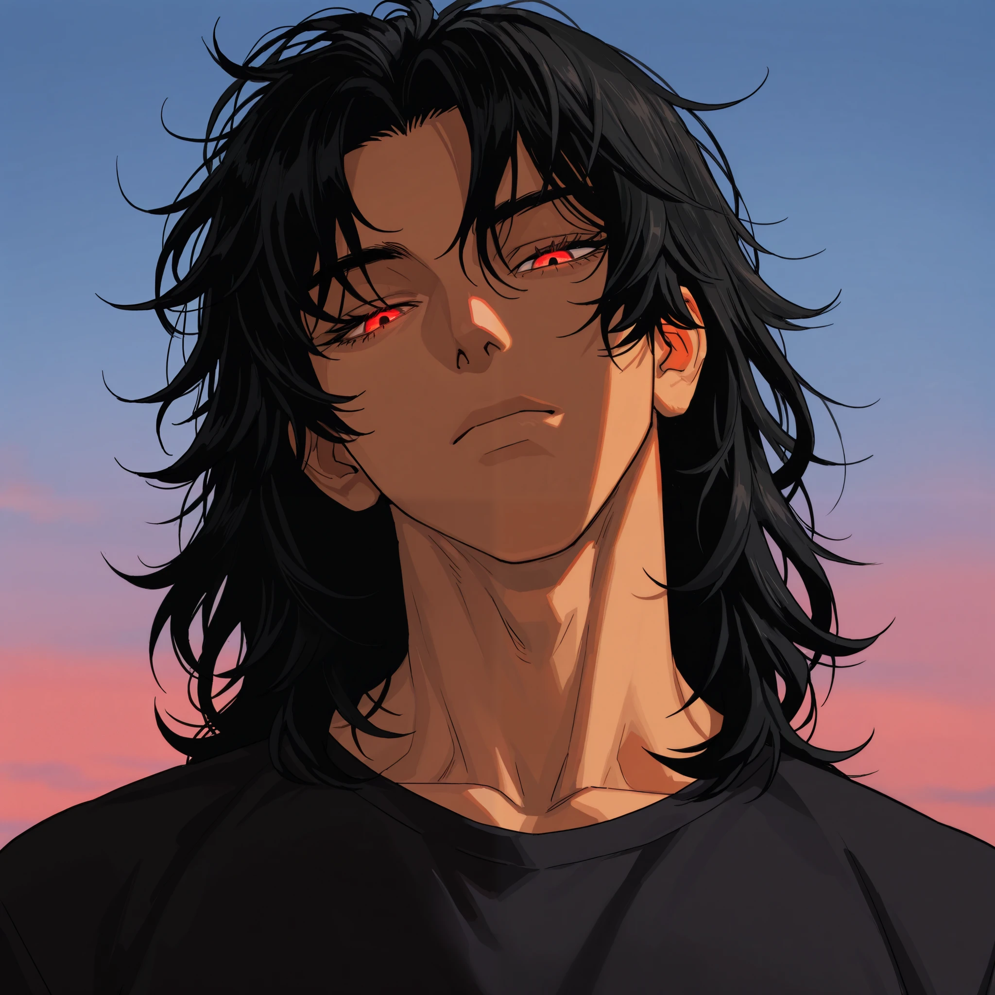 1 man, very handsome, wavy black hair, middle part hair, medium length hair, messy hair, head tilt, eyelashes, devil red eyes, glowing red eyes, cold eyes, tan skin, noon time, shading, face close up, looking down at viewer, full face, muscular neck, thick neck, black shirt, detailed, masterpiece, sky background