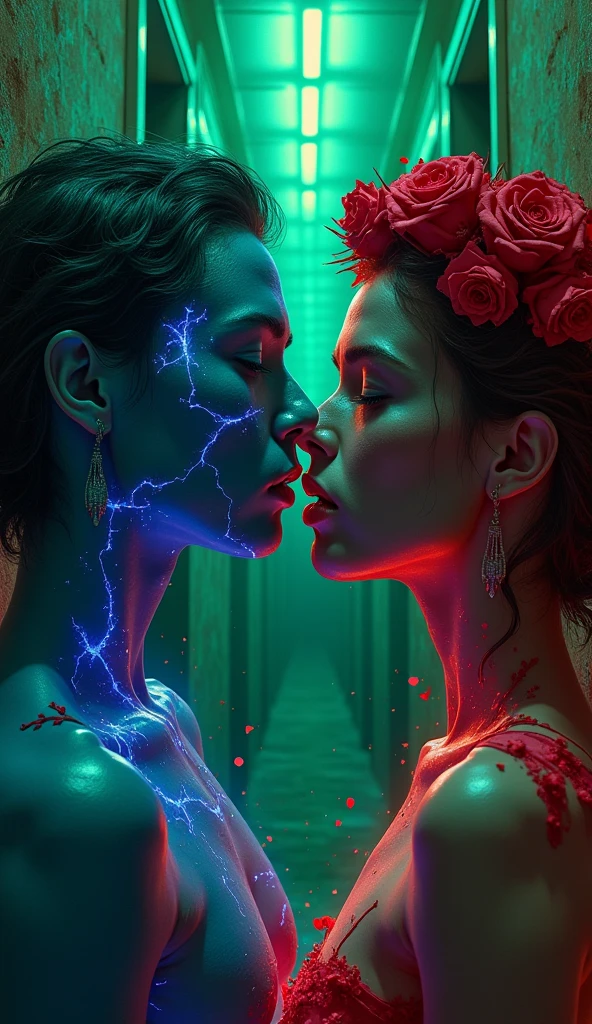 blood scavengers opposite world dream cyan magenta. A fight inside a broken mind. A splendid beautiful trans woman trying to emerge as the future in an astonishing panorama of end times.