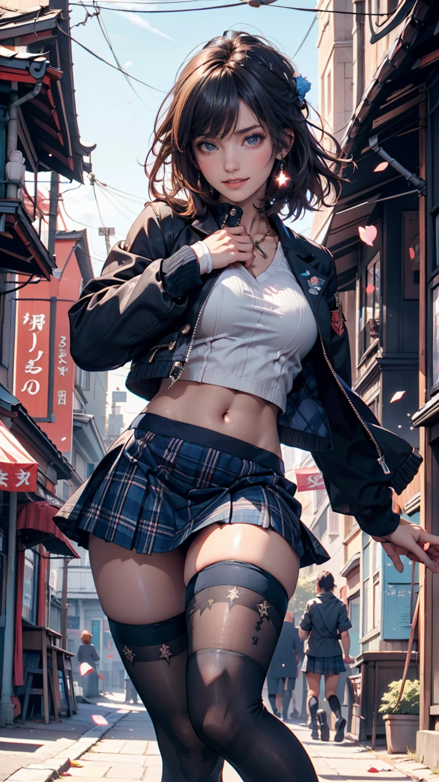 No sleeve,Sweaty,A perfect smile, (Perfect Anatomy, Anatomically correct, Highly detailed skin), Cute and symmetrical face, Perfect Face, Perfect Eyes, Perfect Fingers, Five Fingers,Smartphone in one hand, ((Hairstyle,Inner Color,money,Bobcut))((White tube top,Brown Check Skirt)),Earrings,Street Corner,((Shoulder bag,Wear diagonally)),Go down the stairs,Angle from below,Dripping sweat,((Blue lace panties,Panties digging into pussy))
