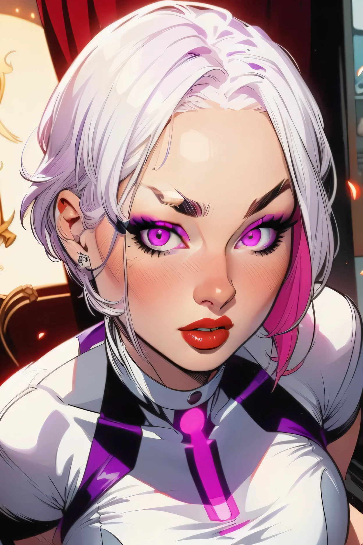 (1girl), (perfect face), ((white short haircut)), (forehead), ((white natural eyebrows)), (((big glowing purple eyes))), (((black eyeliners))), (pink blush), ((nose, bright red thick lipstick)), (beautiful girl), (((looking at viewer))), (crop top)