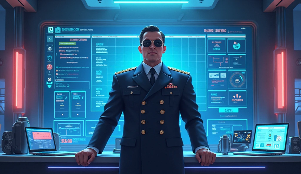 Major General middle-aged man, the background is a large scientific observation station with many big screens, proud expressions