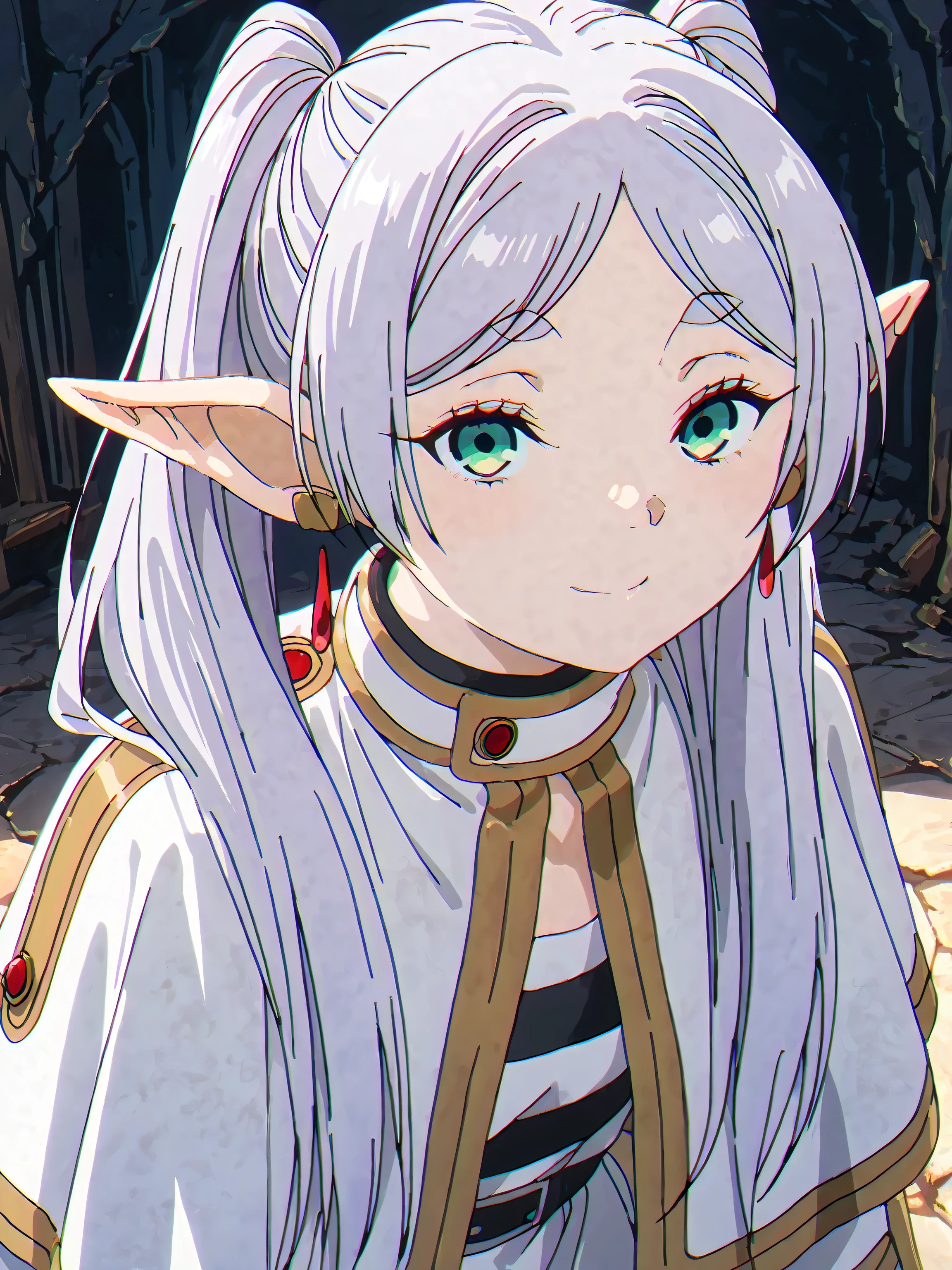 1girl, solo, frieren, elf, beautiful woman, petite woman, green eyes, highly detailed eyes, expressive eyes, natural eye shape, iris with visible details, anatomically correct, super detailed, high details, intricate details, accurate, dynamic angle, dynamic poses, highres, absurdres, (masterpiece:1.5), (best quality:1.2), amazing quality, 4k, looking at viewer, various poses, smug expression, dungeon, pitch dark, underground, monster lair
