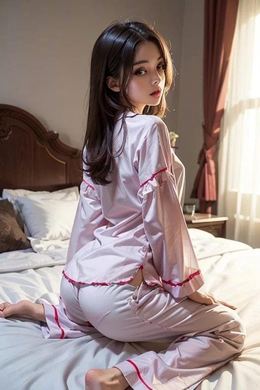 (8k, RAW photo, best quality, masterpiece, ultra detailed:1.2),(realistic, photo-realistic:1.4), ultra-detailed, extremely detailed, hyperrealistic, sharp focus, SIGMA lens, 85mm f/1.4., depth of field, blur background, bokeh, cinematic lighting, soft light, midnight, (Japanese actress:1.2) , cute, beautiful detailed face, (detailed skin: 1.2), pale skin, brown eyes, mouth open, seductive, looking at viewer, (pajamas), (looking back:1.2), big ass, bed