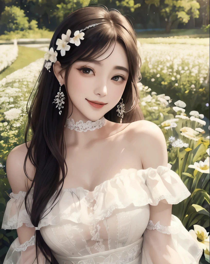 (Best Quality,8K,nffsw), Detailed upper body, loneliness girl, flower forest background, detailed facial features, elegant black long hair, almond shaped red eyes, detailed eye makeup, long fluttering eyelashes, sparkling stars, Intricate lip details, soft and harmonious style.Natural smile